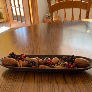 Fall-Themed Decorative Centerpiece in a long shallow bowl.